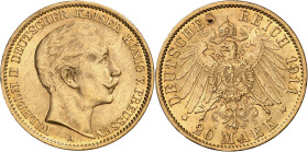Alemania. Prusia. 1911. Guillermo II. A (Berlín). 20 marcos. (Fr. 3831) (Kr. 521). AU. 7,93 g. EBC-/EBC.