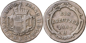 Alemania. Suabia Meridional. 1803. Francisco II. H (Gunzburg). 1 kreuzer. (Kr. 27). Escasa. CU. 5,61 g. MBC-/BC+.