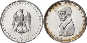 Alemania. 1977. G (Karlsruhe). 5 marcos. (Kr. 146). Heinrich von Kleist. AG. 11,14 g. EBC.