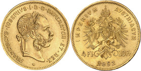 Austria. 1892. Francisco José I. 4 florines / 10 francos. (Fr. 503R) (Kr. 2260). Reacuñación. AU. 3,21 g. S/C-.