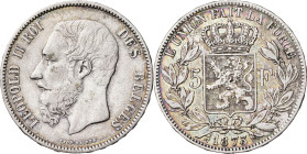 Bélgica. 1873. Leopoldo II. 5 francos. (Kr. 24). Bonita pátina. AG. 24,82 g. MBC-.