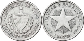 Cuba. 1920. 40 centavos. (Kr. 14.3). Escasa. AG. 9,63 g. BC+/MBC-.