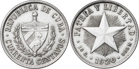 Cuba. 1920. 40 centavos. (Kr. 14.3). Escasa. AG. 10,01 g. MBC+.