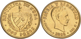 Cuba. 1916. 2 pesos. (Fr. 6) (Kr. 17). Sirvió como joya. AU. 3,33 g. (MBC+).