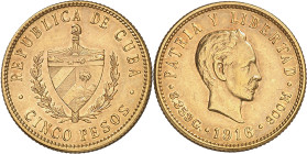 Cuba. 1916. 5 pesos. (Fr. 4) (Kr. 19). Leves marquitas. Precioso color. AU. 8,35 g. EBC-/EBC.
