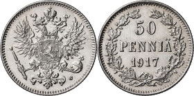 Finlandia. 1917. Nicolás II. S. 50 pennia. (Kr. 20). AG. 2,50 g. EBC-.