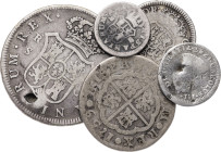 Carlos III. Lote de 5 monedas de valores y fechas distintos. 1 con perforación reparada. MC/BC.