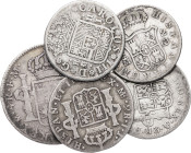 Carlos IV y Fernando VII. Lote formado por 4 monedas de 2 reales y 1 de 4 reales. A examinar. BC-/BC+.