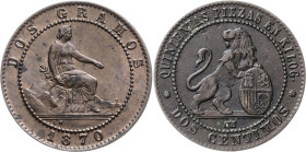 1870. Gobierno Provisional. Barcelona. OM. 2 céntimos. (AC. 4). 2 monedas. MBC/EBC-.