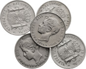 1896, 1900, 1902 (dos) y 1904. Alfonso XIII. 1 peseta. Lote de 5 monedas. BC+/MBC-.