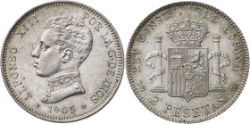 1905*1905. Alfonso XIII. SMV. 2 pesetas. (AC. 88). Lote de 2 monedas. EBC/EBC+.