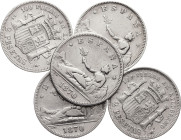 1870*1870, *1873 y *1874 (tres). SNM. 2 pesetas. Lote de 5 monedas. BC+.