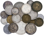 Lote de 22 monedas, once en plata (5 de 50 céntimos, 4 de 1 peseta, 1 de 2 pesetas y 1 de 100 pesetas). A examinar. BC/S/C-.