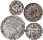 Lote de 4 monedas españolas, tres en plata. A examinar. BC-/MBC-.