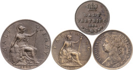 Gran Bretaña. Victoria. Lote de 4 monedas distintas: 1/2 (1844), 1 farthing (1885 y 1900) y 1/2 penique (1900). CU. MBC-/MBC+.