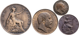 Gran Bretaña. Eduardo VII. Lote de 4 monedas distintas: 1/3 (1902), 1 farthing (1905), 1/2 y 1 penique (1902). CU. BC+/EBC-.