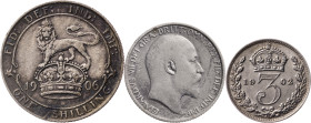 Gran Bretaña. Eduardo VII. (Kr. 797.1, 799 y 800). Lote de 3 monedas distintas: 3 (1902), 6 peniques (1910) y 1 chelín (1906). AG. MBC-/EBC-.