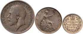 Gran Bretaña. Jorge V. (Kr. 809, 823 y 825). Lote de 3 monedas distintas: 1/3 (1913), 1 farthing (1932) y 1/2 penique (1920). CU. BC+/EBC.