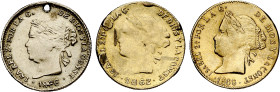 1862, 1866 y 1868. Isabel II. (Basso 375, var. de fecha). Conjunto de 3 jetones imitando la moneda de 1 peso de Isabel II. Basso (nº 375) publica una ...