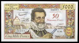 Francia. 1958. Banco de Francia. 50 francos nuevos sobre 5000 francos. (Pick 139a). 30 de octubre, Enrique IV. Dobleces. MBC+.