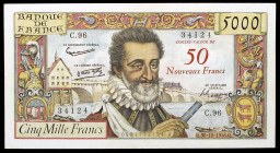 Francia. 1958. Banco de Francia. 50 francos nuevos sobre 5000 francos. (Pick 139a). 30 de octubre, Enrique IV. Dobleces. MBC+.
