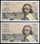 Francia. 1959. Banco de Francia. 10 francos nuevos. (Pick 142a). 15 de octubre, Cardenal Richelieu. 2 billetes. MBC+/EBC-.