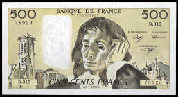 Francia. 1990. Banco de Francia. 500 francos. (Pick 156h). 5 de julio, Blaise Pascal. Firmas: D. Bruneel, B. Dentaud y A. Charriau. Escasa así. EBC.