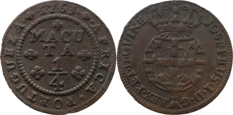 Angola 
 D. José I (1750-1777) 
 1/4 Macuta 1763, AE 
 A: JOSEPHUS.I.D.G REX.P.E...
