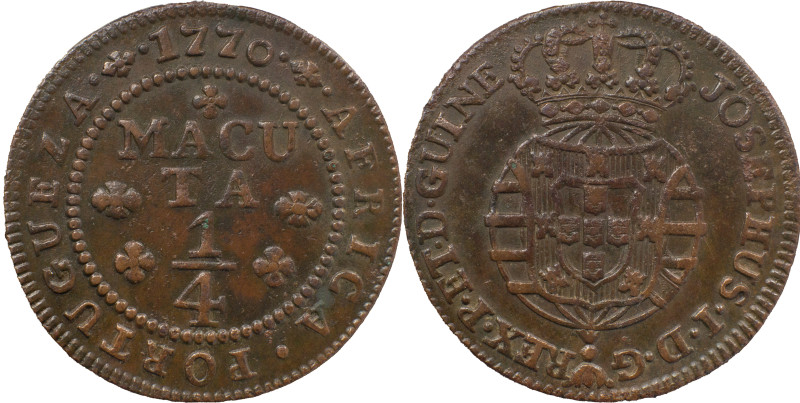 Angola 
 D. José I (1750-1777)
 1/4 Macuta 1770, AE 
 A: JOSEPHUS.I.D.G REX.P.ET...