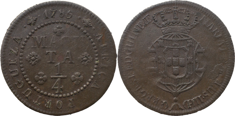 Angola 
 D. Maria I and D. Pedro III (1777-1786) 
 1/4 Macuta 1785, AE 
 A: MARI...