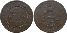 Angola 
 D. Maria I and D. Pedro III (1777-1786) 
 1/4 Macuta 1785, AE 
 A: MARIA.I.ET.PETRUS.III.D G.REGES.P.ET.D.GUINEAE 
 R: 1785 AFRICA . PORTUGUE...