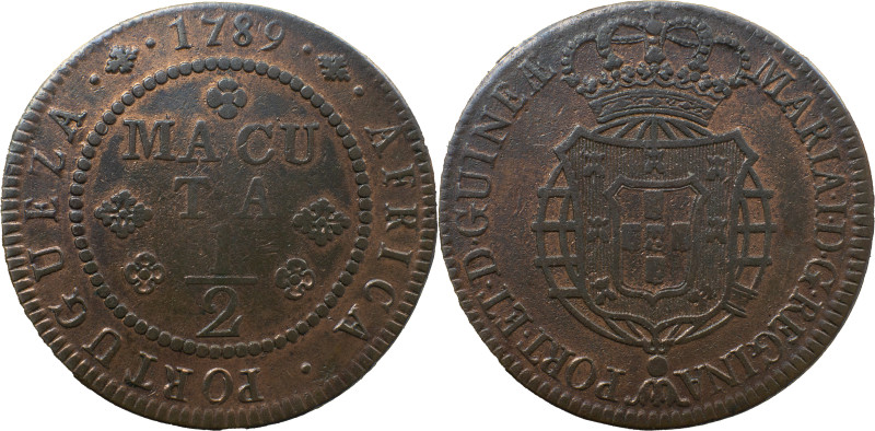 Angola 
 D. Maria I (1786-1799) 
 1/2 Macuta 1789, AE 
 A: MARIA.I.D.G.REGiNA PO...