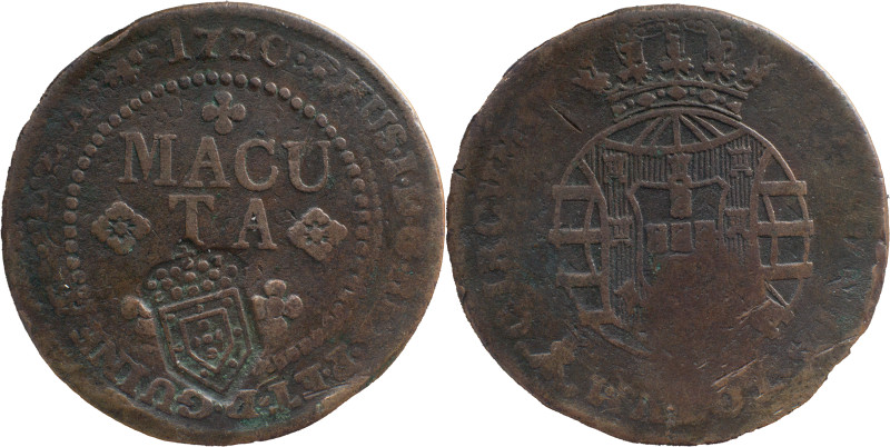 Angola 
 D. Maria II (1834-1853) 
 Crowned Shield Countermark Over 1 Macuta 1770...