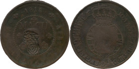 Angola 
 D. Pedro V (1853-1861) 
 2 Macutas 1816, AE Overstruck on 1 Macuta 1786 with Crowned Shield Countermark 
 A: JOANNES.D.G.PORT.P. REGENS.ET.D....