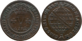 Brazil 
 D. Maria I and Pedro III (1777-1786) 
 V Reis 1782, AE Lisbon 
 A: MARIA.I.ET.PETRUS.III.D.G.P.ET.BRASIL.REGES 
 R: PECUNIA.TOTUM. CIRCUMIT.O...