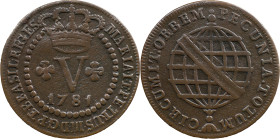 Brazil 
 D. Maria I and Pedro III (1777-1786) 
 V Reis 1781, AE Lisbon 
 A: MARIA.I.ET.PETRUS.III.D.G.P.ET.BRASIL.REGES 
 R: PECUNIA.TOTUM. CIRCUMIT.O...