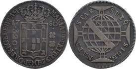 Brazil 
 D. Maria I and Pedro III (1777-1786) 
 320 Reis 1780, Ag Lisbon 
 A: MARIA.I.ET.PETRUS.III.D.G.PORT.REGES.ET.BRAS.D. 
 R: SUBQ. SIGN. NATA ST...