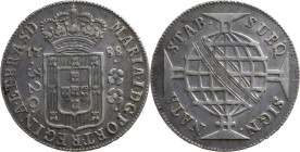 Brazil 
 D. Maria I (1786-1799) 
 320 Reis 1788, Ag Lisbon 
 A: MARIA.I.D.G.PORT.REGINA.ET.BRAS.D. 
 R: SUBQ. SIGN. NATA STAB. 
 AG: 18.02, Bentes: 29...