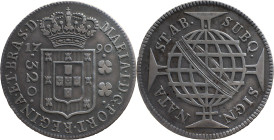 Brazil 
 D. Maria I (1786-1799) 
 320 Reis 1790, Ag Lisbon 
 A: MARIA.I.D.G.PORT.REGINA.ET.BRAS.D. 
 R: SUBQ. SIGN. NATA STAB. 
 AG: 18.03, Bentes: 29...