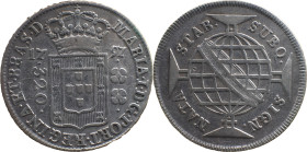Brazil 
 D. Maria I (1786-1799) 
 320 Reis 1797, Ag Lisbon 
 A: MARIA.I.D.G.PORT.REGINA.ET.BRAS.D. 
 R: SUBQ. SIGN. NATA STAB. 
 AG: 18.05, Bentes: 29...