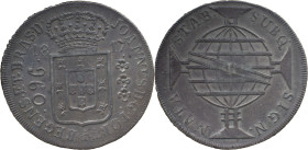 Brazil
D. João P. R. (1799-1816) 
 960 Reis 1817, Ag Rio de Janeiro 
 A: JOANNES.D.G.PORT.P.REGENS.ET.BRAS.D. 
 R: SUBQ. SIGN. NATA STAB. 
 AG: 29.20,...