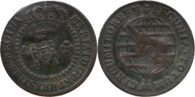 Brazil
D. João P. R. (1799-1816) 
 V Reis 1791, AE Lisbon, With Shield Countermark; 
 A: MARIA.I.D.G.P.ET.BRASILIAE.REGINA 
 R: PECUNIA.TOTUM. CIRCUMI...
