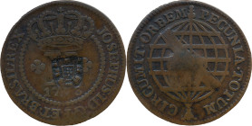 Brazil
D. João P. R. (1799-1816) 
 X Reis 1773, AE Lisbon, With Shield Countermark 
 A: JOSEPHUS.I.D.G.P.ET.BRASIL.REX 
 R: PECUNIA.TOTUM. CIRCUMIT.OR...