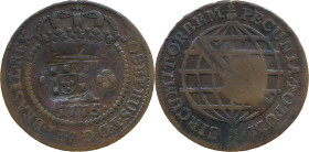 Brazil
D. João P. R. (1799-1816) 
 X Reis 1775, AE Lisbon, With Shield Countermark 
 A: JOSEPHUS.I.D.G.P.ET.BRASIL.REX 
 R: PECUNIA.TOTUM. CIRCUMIT.OR...