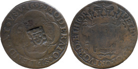Brazil 
 D. Jo&atilde;o P. R. (1799-1816)&nbsp; 
 XX Reis 1699,AE, With Shield Countermark 
 A: PETRVS.II.D.G.PORTUG.R.D.AETHIOP 
 R: 1697 MODERATO * ...
