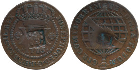 Brazil
D. João P. R. (1799-1816) ; 
 XX Reis 1775, AE Lisbon, With Shield Countermark 
 A: JOSEPHUS.I.D.G.P.ET.BRASIL.REX 
 R: PECUNIA.TOTUM. CIRCUMIT...