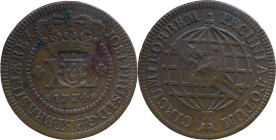 Brazil
D. João P. R. (1799-1816) 
 XL Reis 1774, AE Lisbon, &nbsp; with shield Countermark 
 A: jOSEPHUS.I.D.GP.ET.BRASILIAE.REX 
 R: PECUNIA.TOTUM. C...