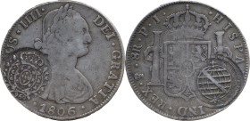 Brazil
D. João P. R. (1799-1816) 
8 Reales Carolus IIII 1806 Potosi, Ag
with Countermark 960 Reis Minas Gerais
A: CAROLUS .IIII. DEI.GRATIA 1806
R: HI...
