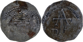 Portuguese India 
 D. Filipe III (1621-1640) 
 Tanga 1632 Ag de Goa to Malaca 
 A: A Shield M 
 R: D AT M 
 AG: 11.02 - 3.10g. Good Very Fine