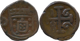 Portuguese India 
 D. Pedro II (1683-1706)
 Bazaruco 1686 AE Diu, Inverted date 
 A: D Shield O 
 R: Cross 1686 
 AG: 02.01 - 6.75g, Very Fine